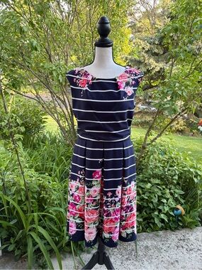Tiana B. Navy Striped Midi Dress with Pink Floral Border